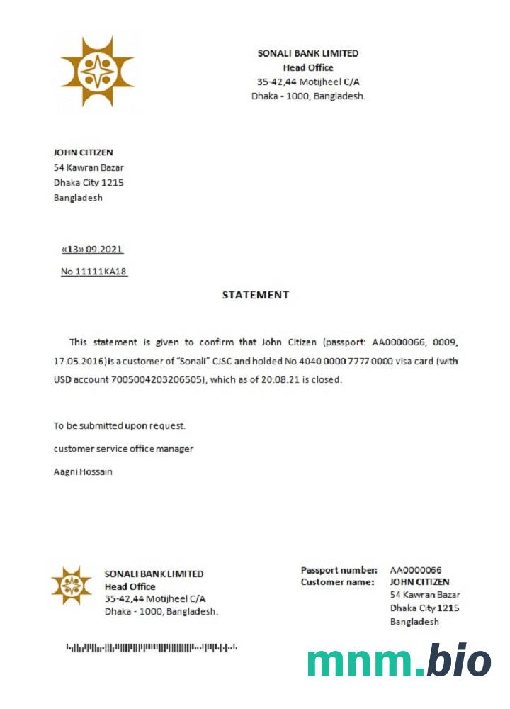 Przykład odniesienia do zamknięcia Bangladeszu Sonali w formatach Word i PDF